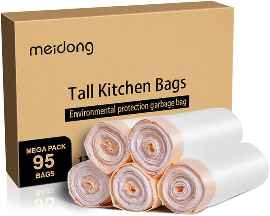 Trash Bags, meidong Garbage Bags 13 Gallon Large Tall Kitchen Drawstring Strong Multipurpose White Bags for Trash Can Garbage Bin(5 Rolls/95 Counts)