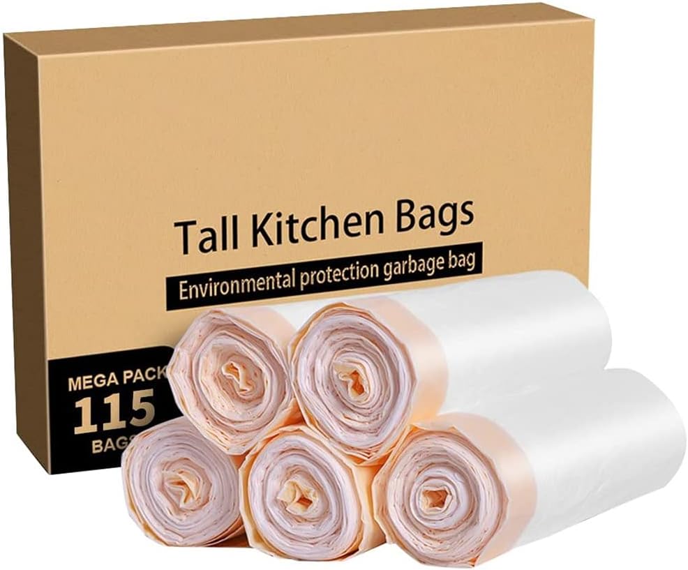 Trash Bags, Garbage Bags 13 Gallon Large Tall Kitchen Drawstring Strong Bags For Trash Can Garbage Bin, 5 Rolls/115 Counts