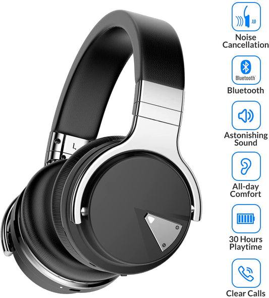 E7 Active Noise Cancelling Headphones Bluetooth Headphones with Microphone Deep Bass Wireless Headphones Over Ear, Comfortable Protein Earpads, 30 Hours Playtime for Travel/Work, Black