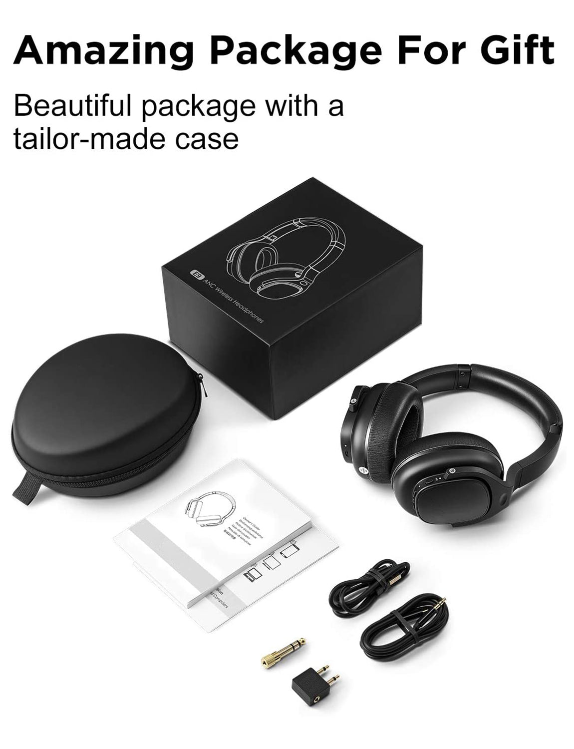 E9 Bluetooth Headphones Active Noise Cancelling Headphones Deep Bass Wireless Comfortable Memory Foam Ear Cups for Sports/TV/Work (Black)